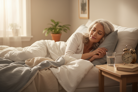 Older woman sleeping peacefully in a softly lit bedroom