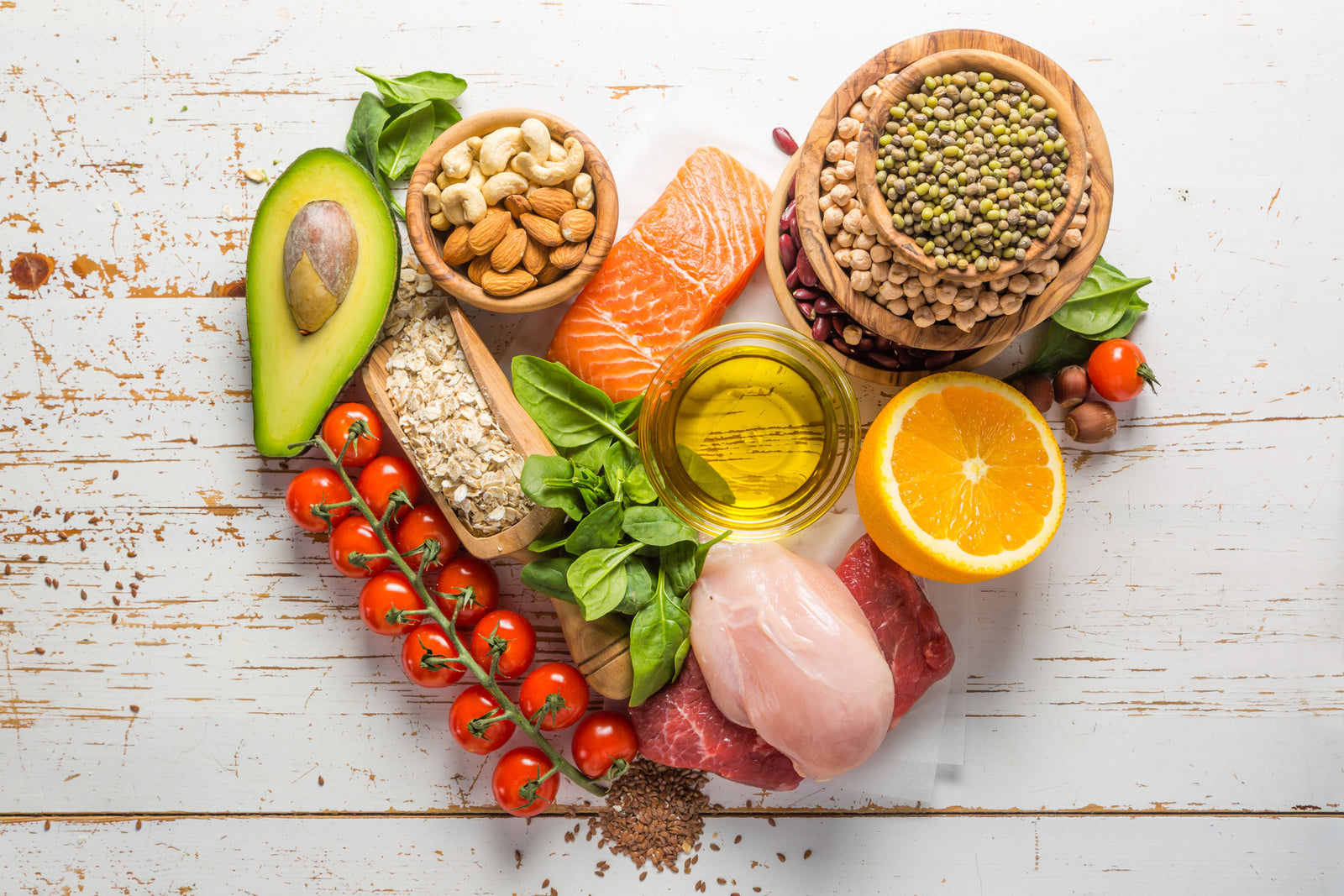 Healthy foods arranged in a heart.