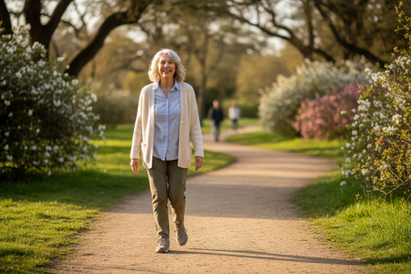 Older adult enjoying a walk outdoors—confidence and comfort with discreet incontinence protection.