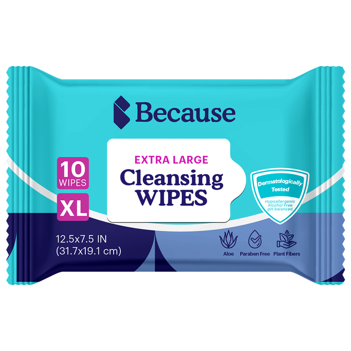 Packshot of the 10-wipe travel pack of Because Extra Large Cleansing Wipes, a small flat teal and navy resealable pouch marked XL 12.5 by 7.5 inches.