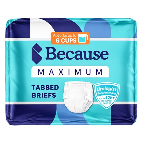 Package of Because Maximum tabbed briefs, absorbs up to 6 cups