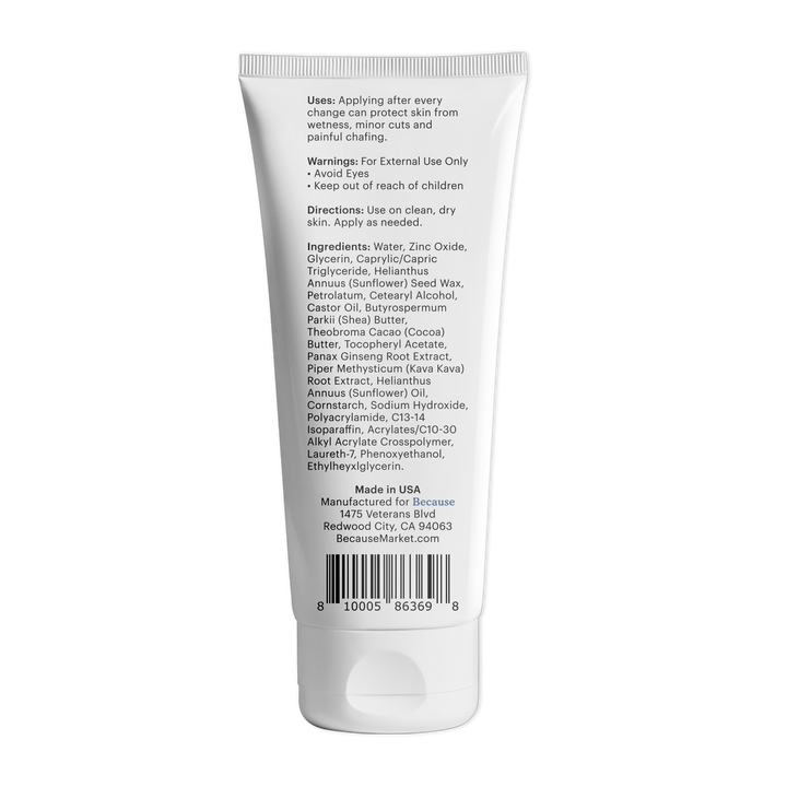 Back label of a Because barrier cream tube with text and ingredients on a white background