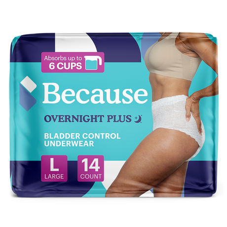 Package of Because Overnight Plus bladder control underwear size large on a white background.