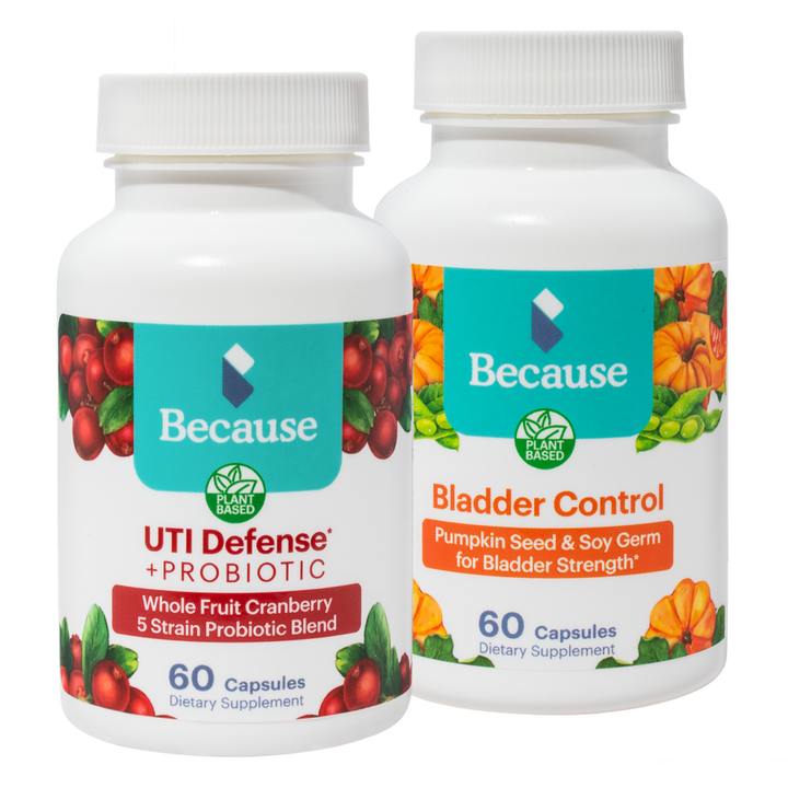 Because's Bladder Health Bundle: 1 bottle of Bladder Control Supplement and 1 bottle of UTI Defense Probiotic.