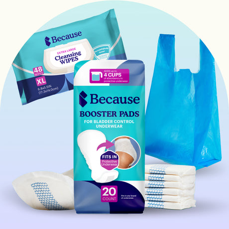 An image showing Because Market cleansing wipes, boosters, bags, and pads.