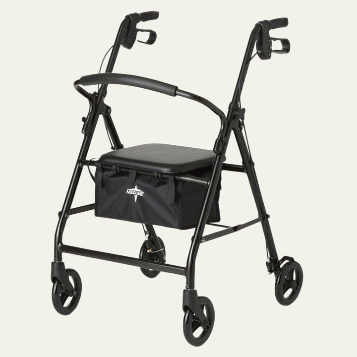 Black Steel Folding Rollator Walker on white background