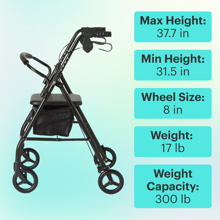 Side view of Black Steel Folding Rollator Walker with specifications on a light blue background