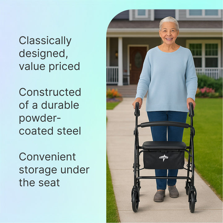 Woman using a Black Steel Folding Rollator Walker with text about its features on a light blue background