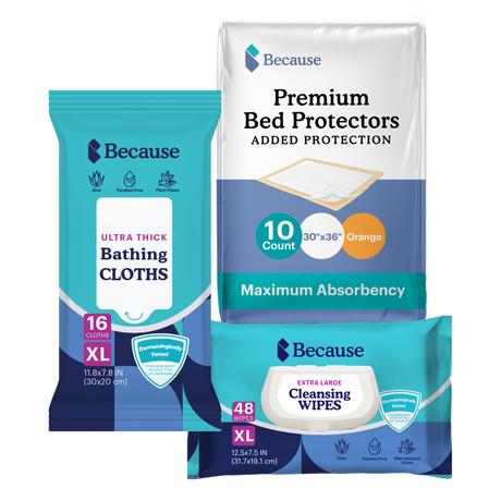Three packages of 'Because' products including bathing cloths, bed protectors, and cleansing wipes on a white background.
