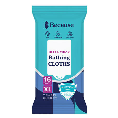 Package of Because ultra thick bathing cloths on a white background