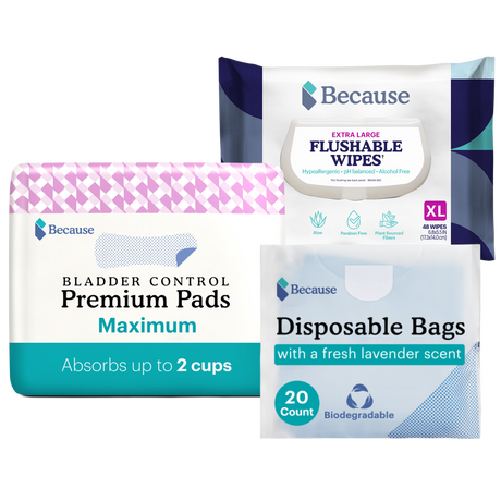 Daily Trio Pad Bundle contains 1 pack of Because Market Maximum Pads, 1 pack of Because Market Flushable Wipes and 1 pack of Because Market Disposable Bags.
