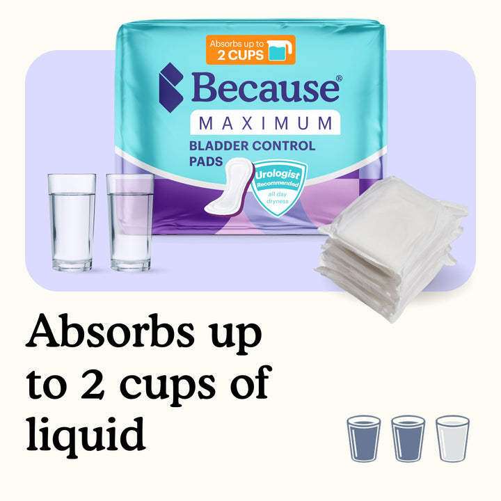 Because maximum bladder control pads with text "Absorbs up to 2 cups of liquid" on white and light purple background.