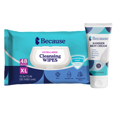 Package of Because cleansing wipes and one bottle of Because barrier skin cream on white background