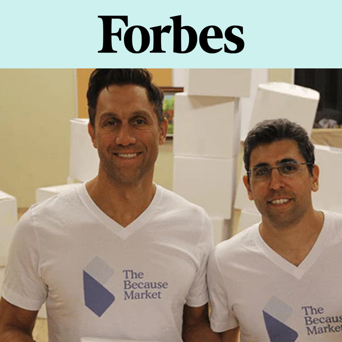 Image shows co founders Luca and Alexi and banner with Forbes logo