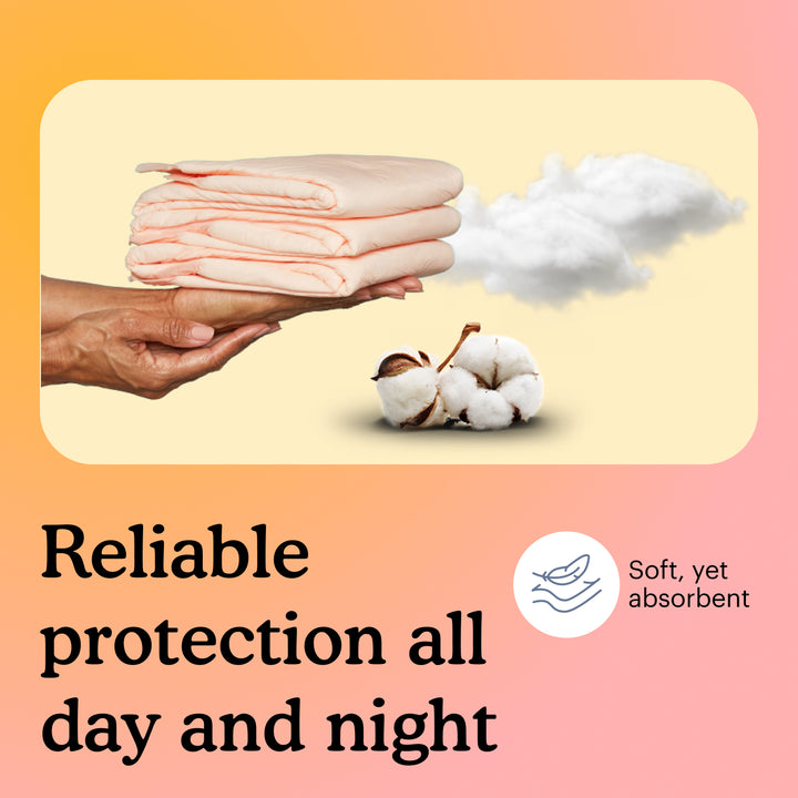 A hand holding a stack of Because bed protectors with cotton on it, featuring the words "reliable protection all day and night".