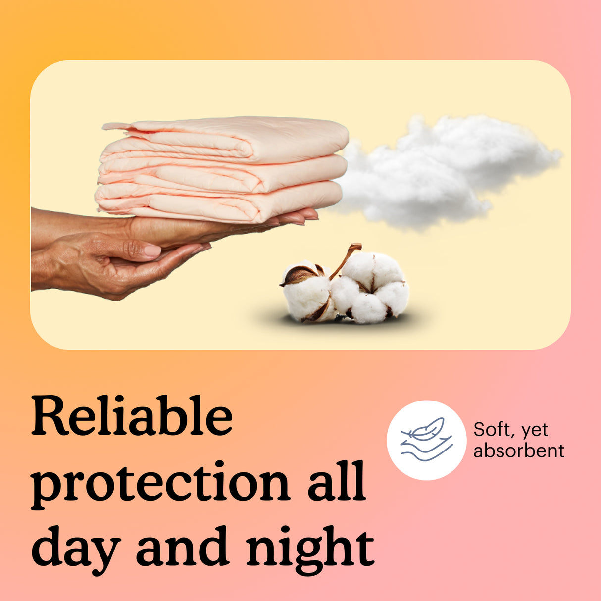 A hand holding a towel with cotton on it, featuring the words "reliable protection all day and night".
