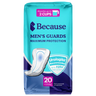 Packshot of the teal and navy Because Men's Guards Maximum Protection package, 20 count, marked absorbs up to 2 cups with a urologist recommended up to 12 hour leak control badge.
