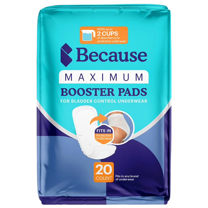 Packshot of the teal and navy Because Maximum Booster Pads package, 20 count, showing a booster pad tucked inside protective underwear and marked adds up to 2 cups of absorbency.