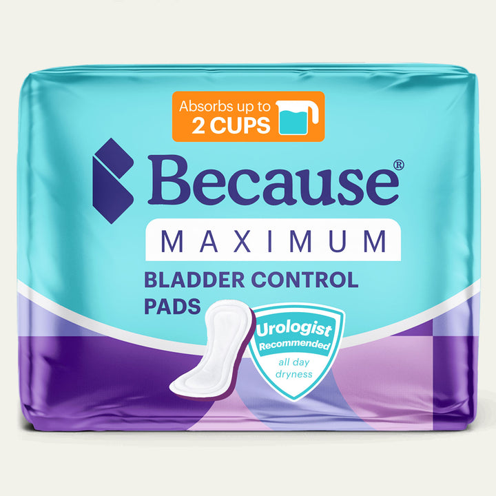 Package of Because Maximum Bladder Control Pads on a white background