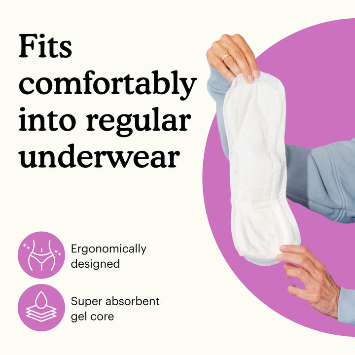 Hand holding Because maximum bladder control pad with text "Fits comfortably into regular underwear" on a white and pink background.