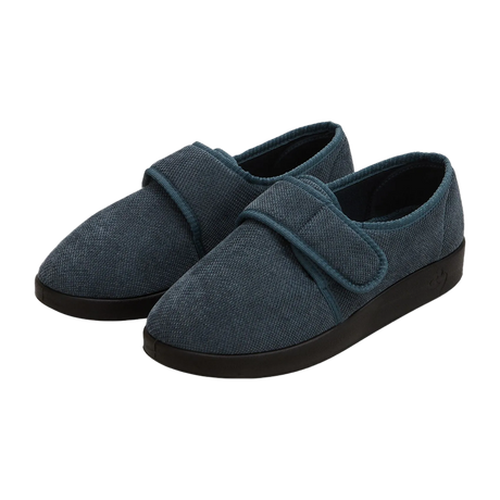 Silvert's extra wide slip resistant slippers in steel grey viewed from the front at a slight angle.