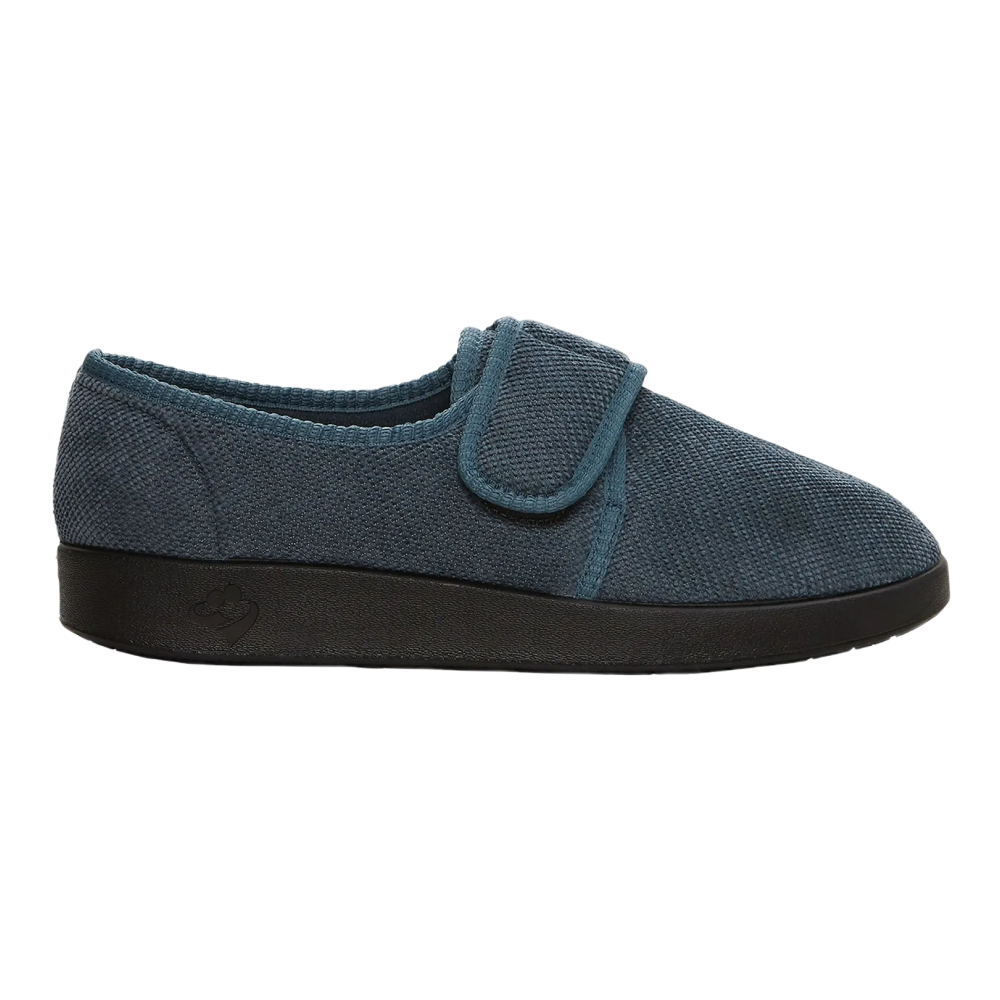 Silvert's extra wide slip resistant slippers in steel grey viewed from the side.