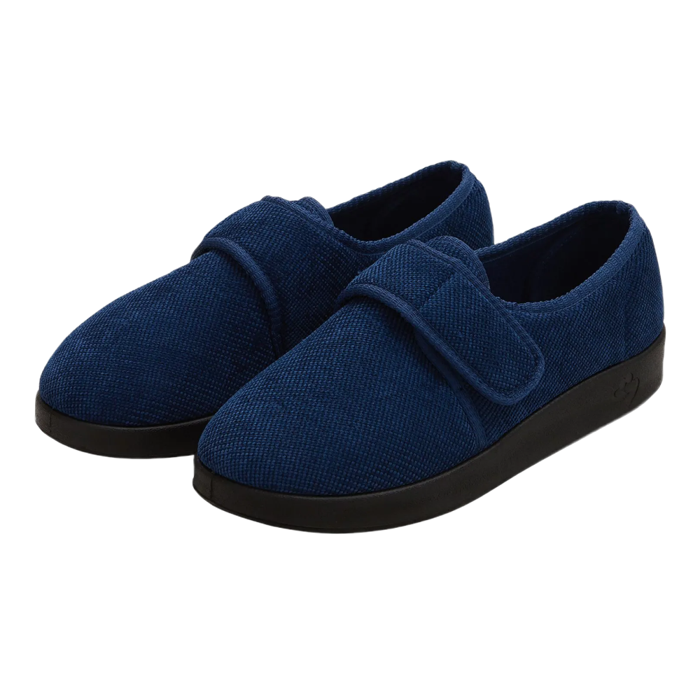 Silvert's extra wide slip resistant slippers in navy viewed from the front at a slight angle.