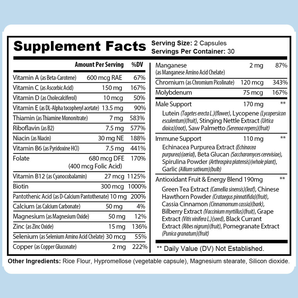 Supplement facts label with detailed nutritional information on a light blue background