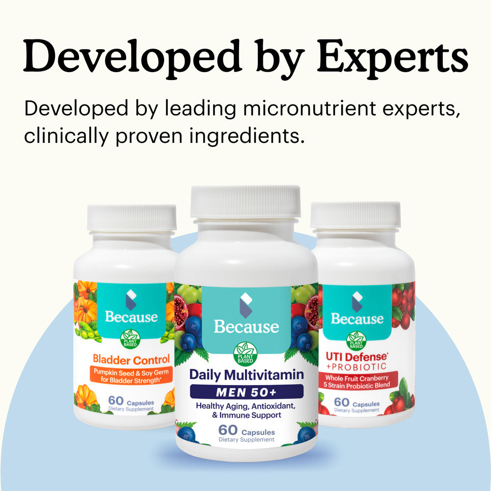 Three supplement bottles with colorful labels on a light blue background, featuring text about expert development and clinical proven ingredients.