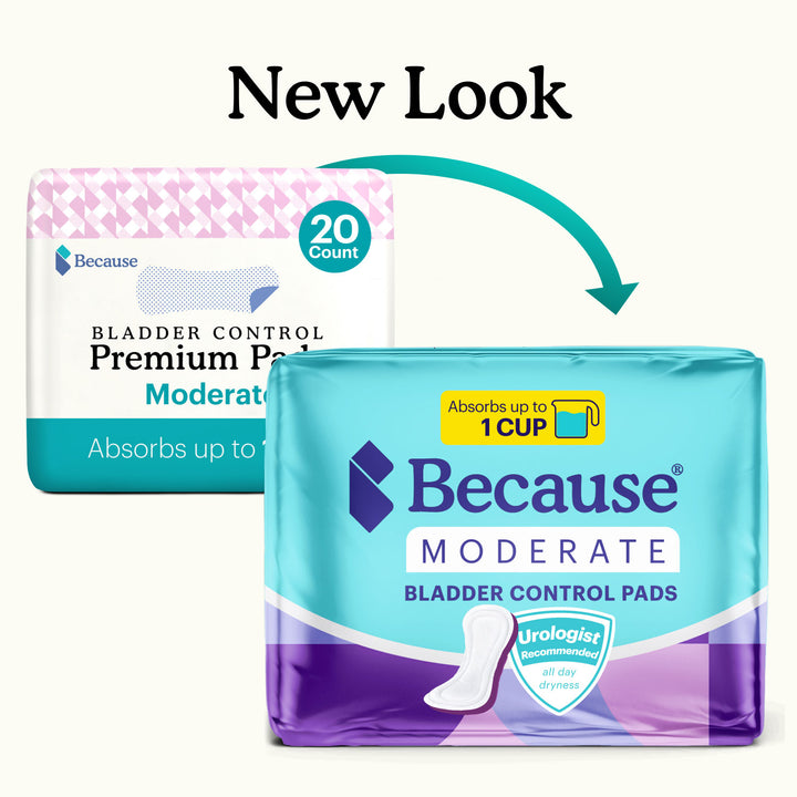 Because moderate bladder control pads with "New look" text on a white background.