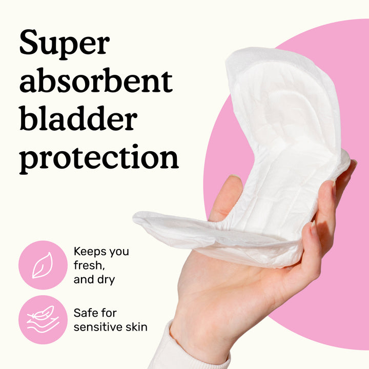 Hand holding Because moderate bladder control pad with text "Super absorbent bladder protection" on a white and pink background.