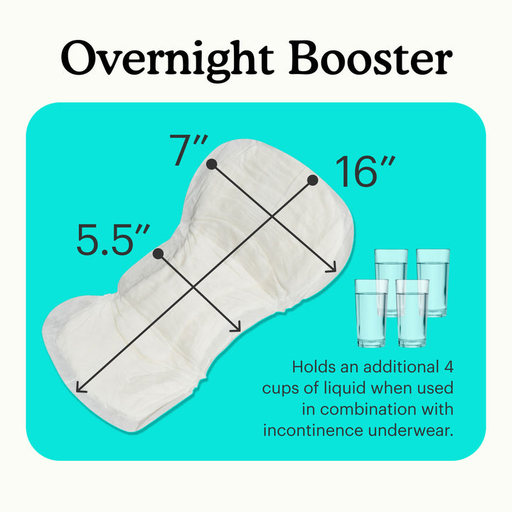 Overnight booster pad with measurements and text on a teal and white background