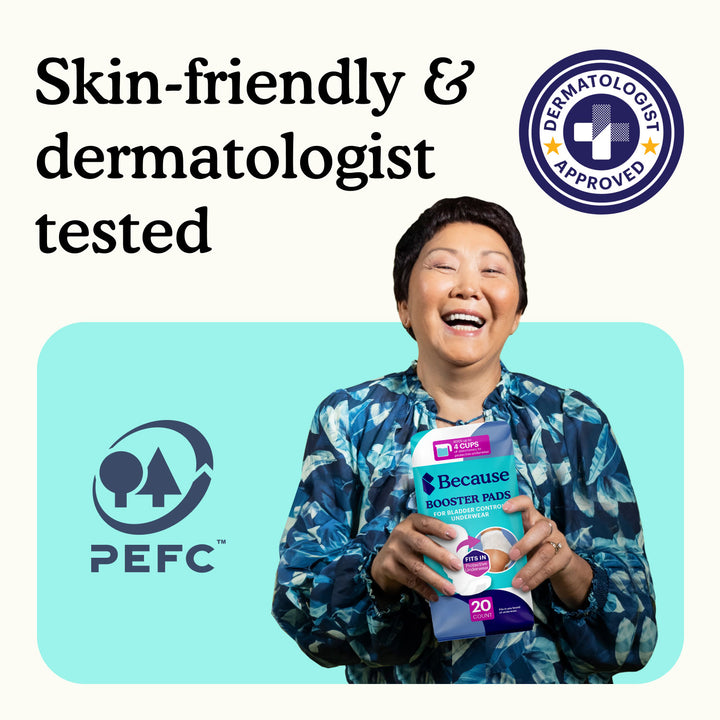 Smiling woman holding package of Because booster pads with text "skin-friendly and dermatologist tested" on white and teal background