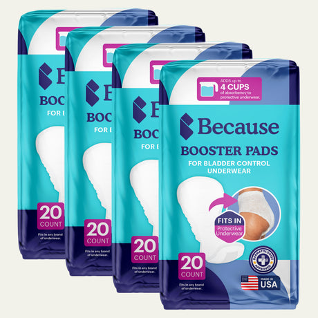 Four packages of Because booster pads for bladder control underwear on a white background