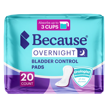 Packshot of the teal and purple Because Overnight Bladder Control Pads package, 20 count, marked absorbs up to 3 cups with a urologist recommended all day dryness badge.