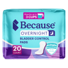 Packshot of the teal and purple Because Overnight Bladder Control Pads package, 20 count, marked absorbs up to 3 cups with a urologist recommended all day dryness badge.
