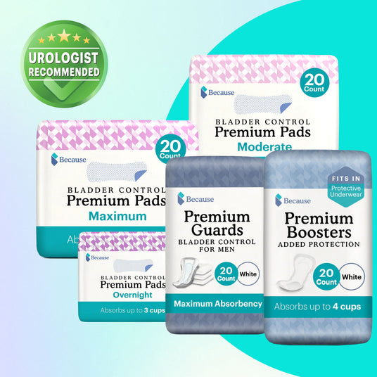 Image shows packages of Because Market Premium Maximum Pads, Premium Moderate Pads, Premium Guards, Premium Overnight Pads, and Premium Boosters