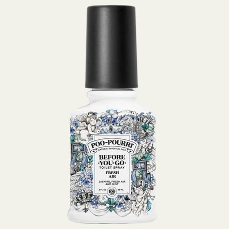 Poo-Pourri bottle with decorative label on a white background