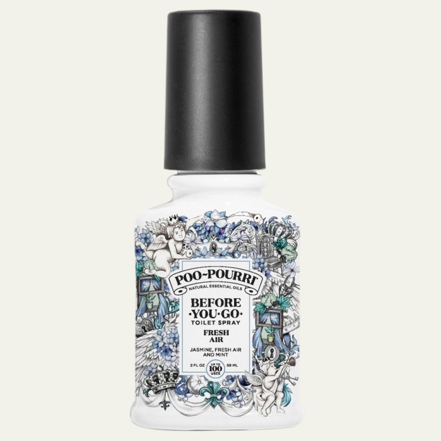 Poo-Pourri bottle with decorative label on a white background