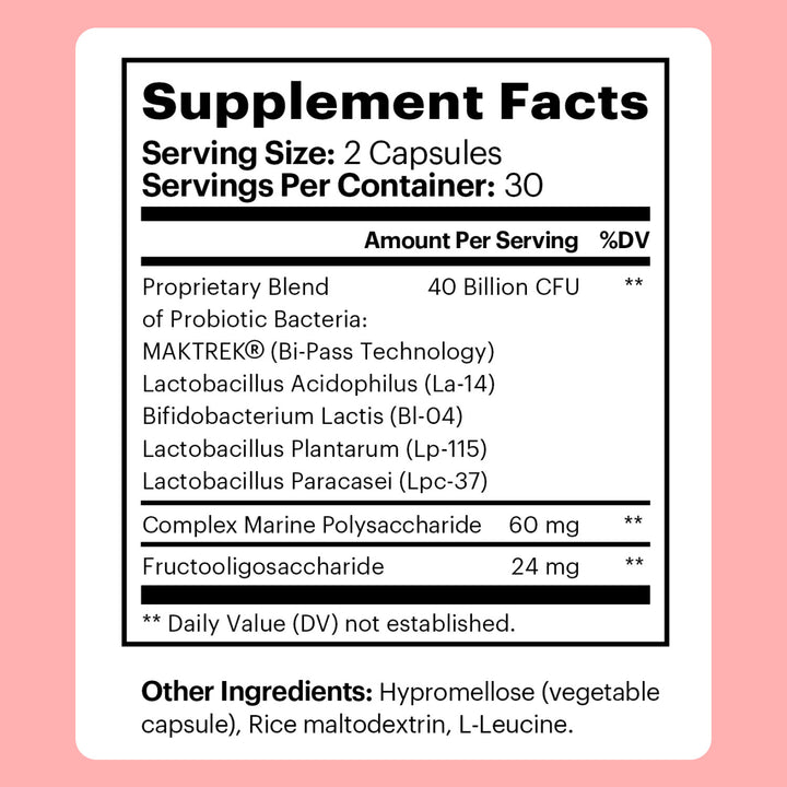 Because Women's Probiotic supplement nutritional information on pink background