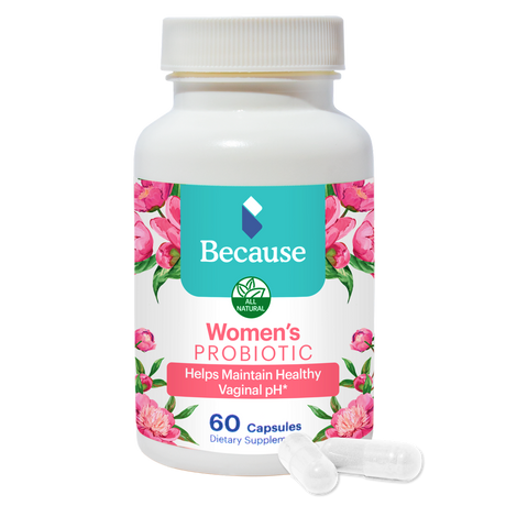 Because Women's Probiotic supplement bottle on white background
