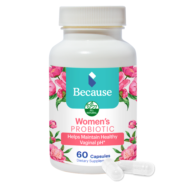 Because Women's Probiotic supplement bottle on white background