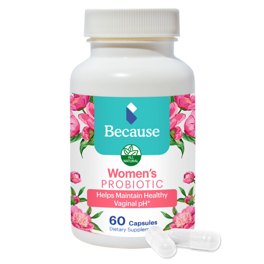 Because Women's Probiotic supplement bottle on white background
