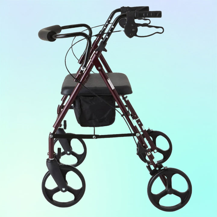 Side view of Red Steel Heavy Duty Folding Rollator Walker