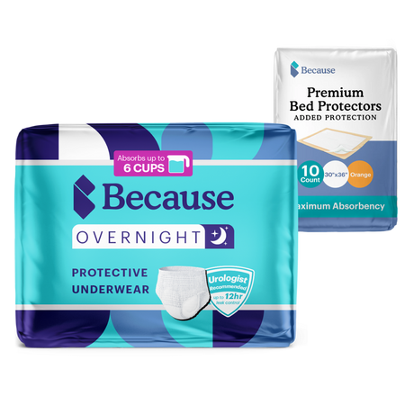 Because Overnight protective underwear packaging and Because premium bed protectors packaging on a white background