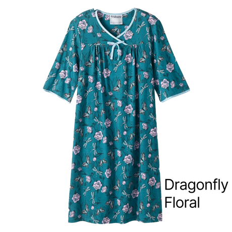 Teal floral No Peek Washable Gown with 'Dragonfly Floral' text on a white background