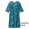 Teal floral No Peek Washable Gown with 'Dragonfly Floral' text on a white background