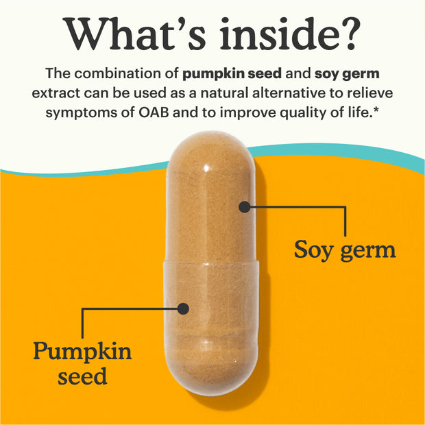 What's inside the Bladder Control Supplement? The combination of pumpkin seed and soy germ extract can be used as a natural alternative to relieve symptoms of OAB and to improve quality of life.