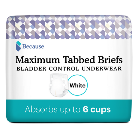 Package of Because Maximum tabbed briefs on white background