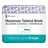 Package of Because Maximum tabbed briefs on white background